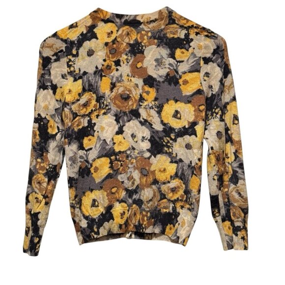 J. Crew Merino Wool Yellow & Camel Floral Lightweight Cardigan Sweater Womens XS - Picture 4 of 9